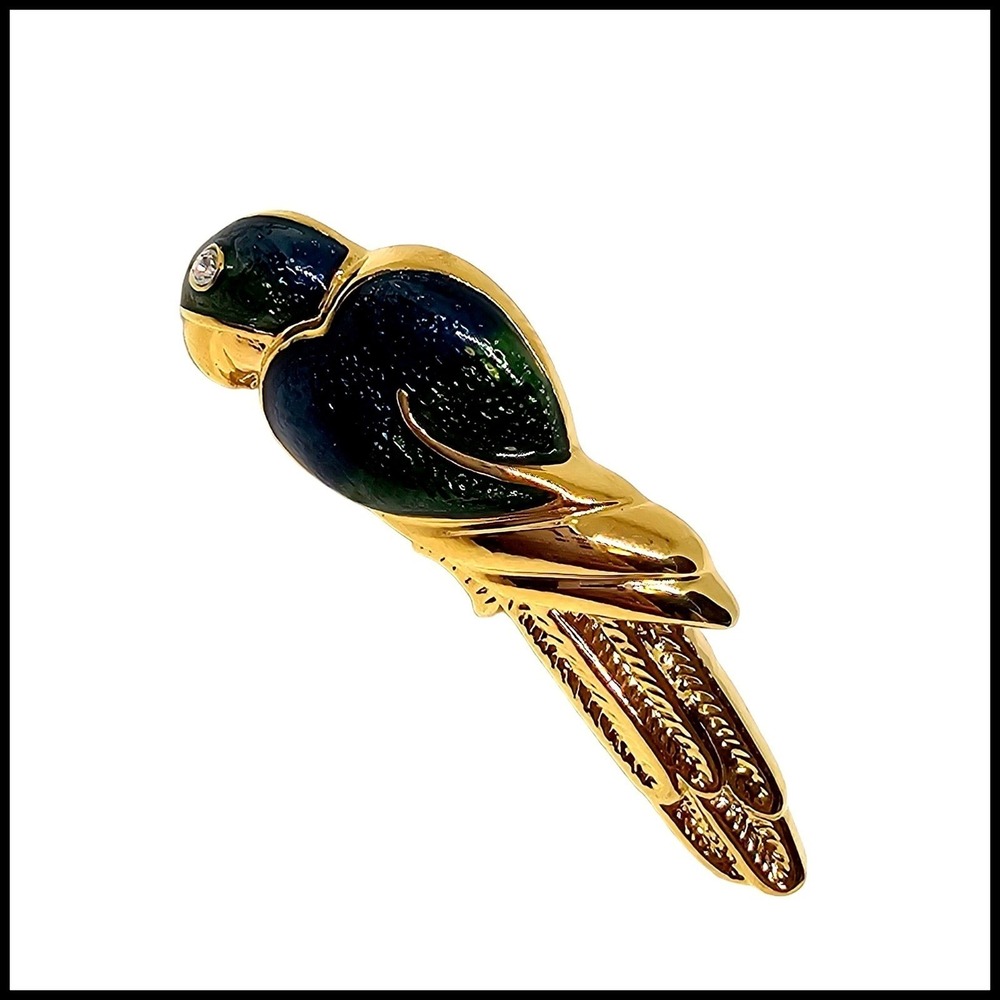 Vintage Enamel Blue & Green Bird Parrot Brooch Rhinestone Eye
